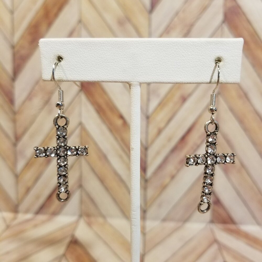 Silver Rhinestone Cross Dangling Earrings